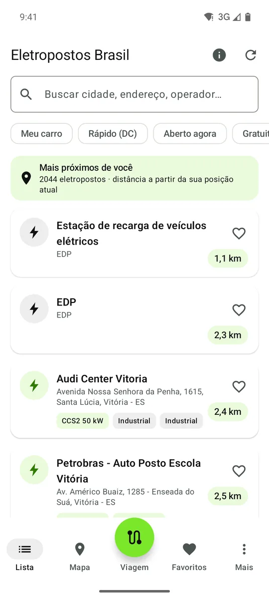 Lista de eletropostos mais próximos com distância, tomada e potência