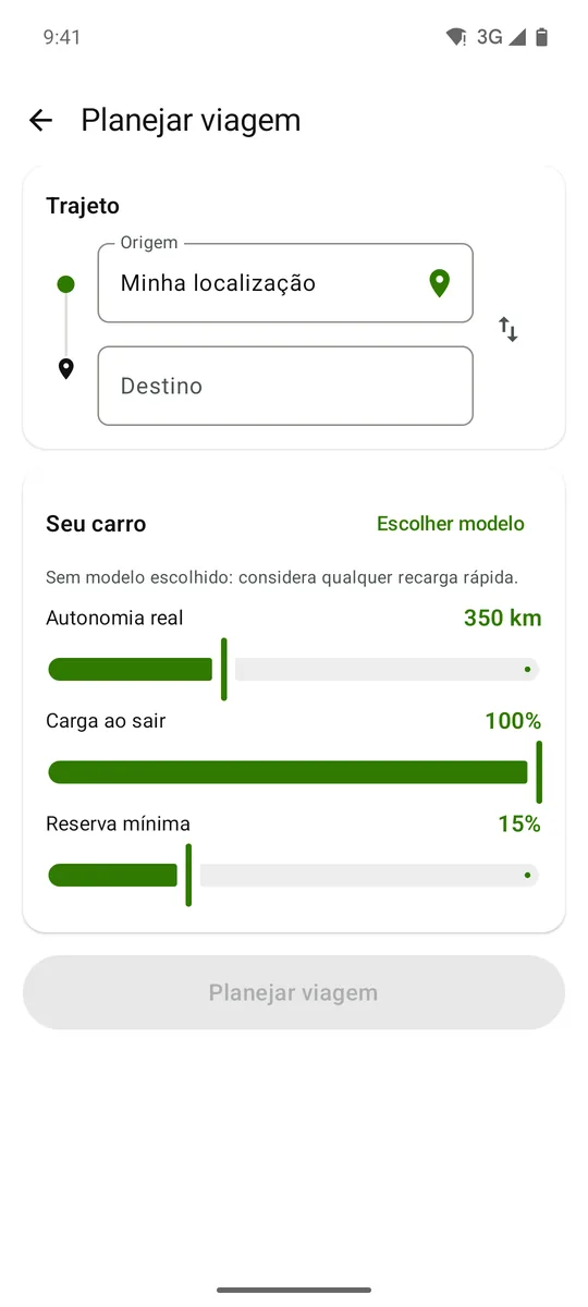 Planejador de viagem do app com origem, destino e autonomia do carro